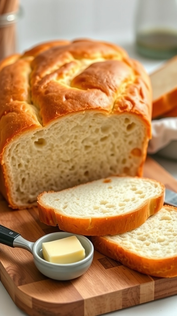 Quick Rise Yeast Bread Recipe A golden-brown loaf of quick rise yeast bread sliced on a cutting board with butter.